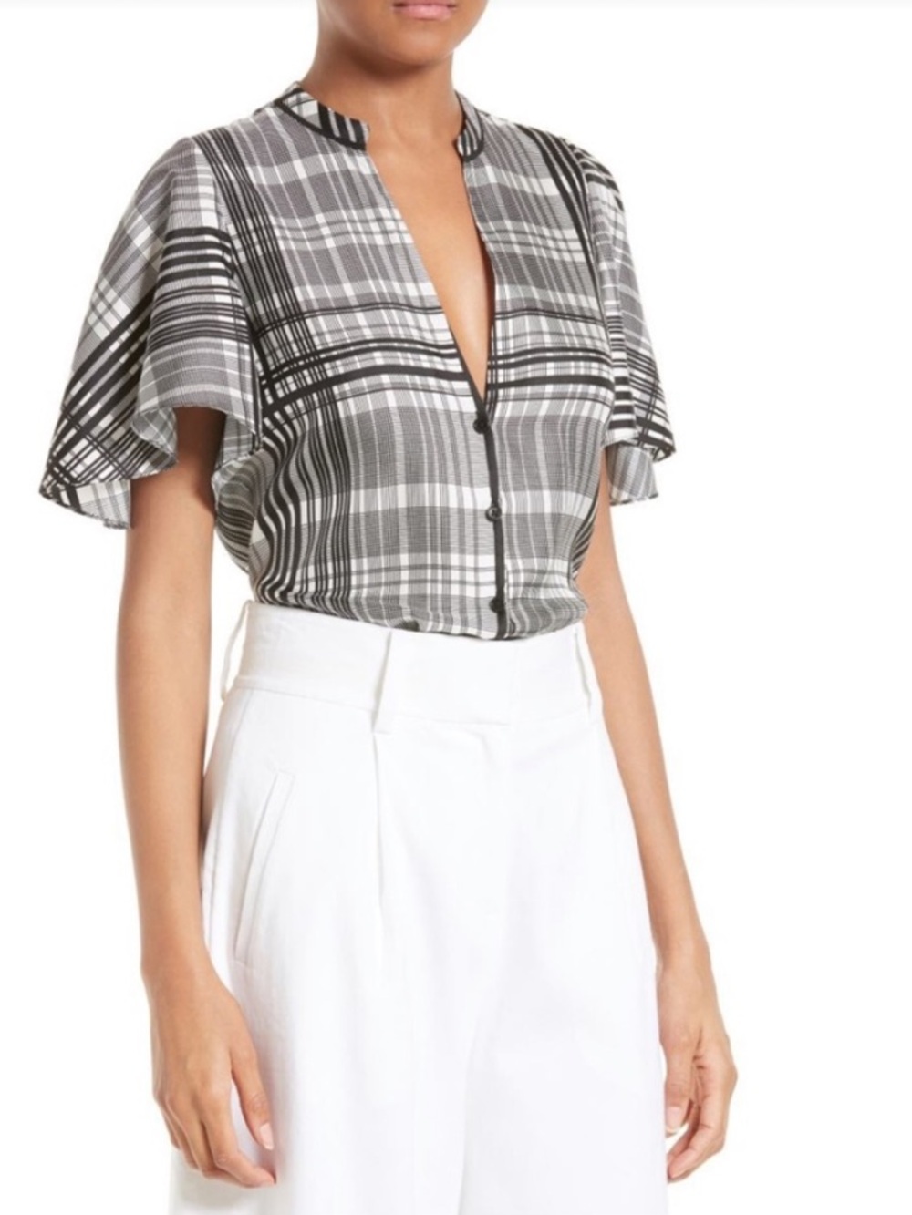 Diane Von Furstenberg Black & White Plaid Short-Sleeve Blouse